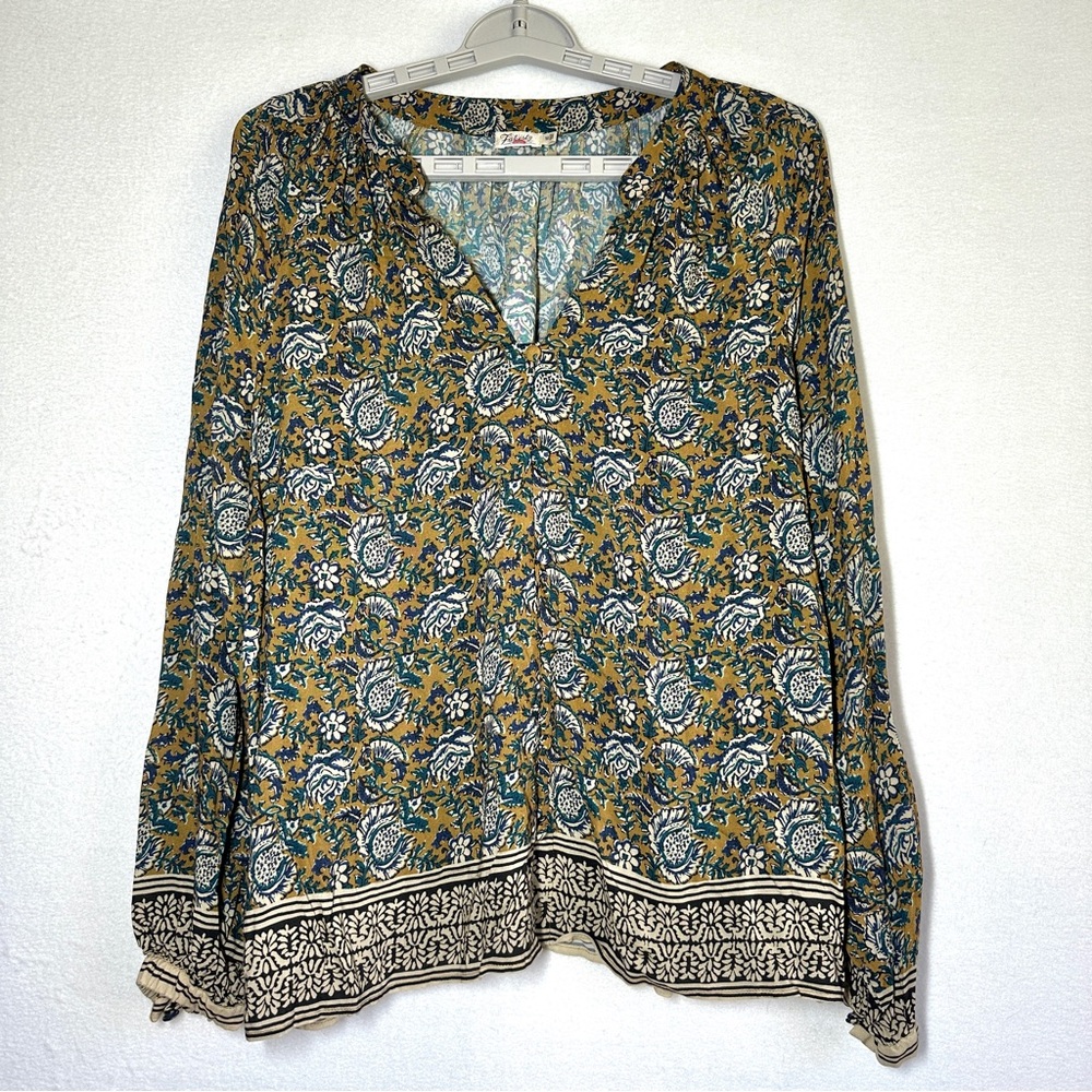 Faherty Naomi Top Women's M Fairfield Border Print Long Sleeve Button Up Blouse